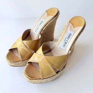 Jimmy Choo Patent Leather Espadrille Wedge Sandals Tan Camel 39